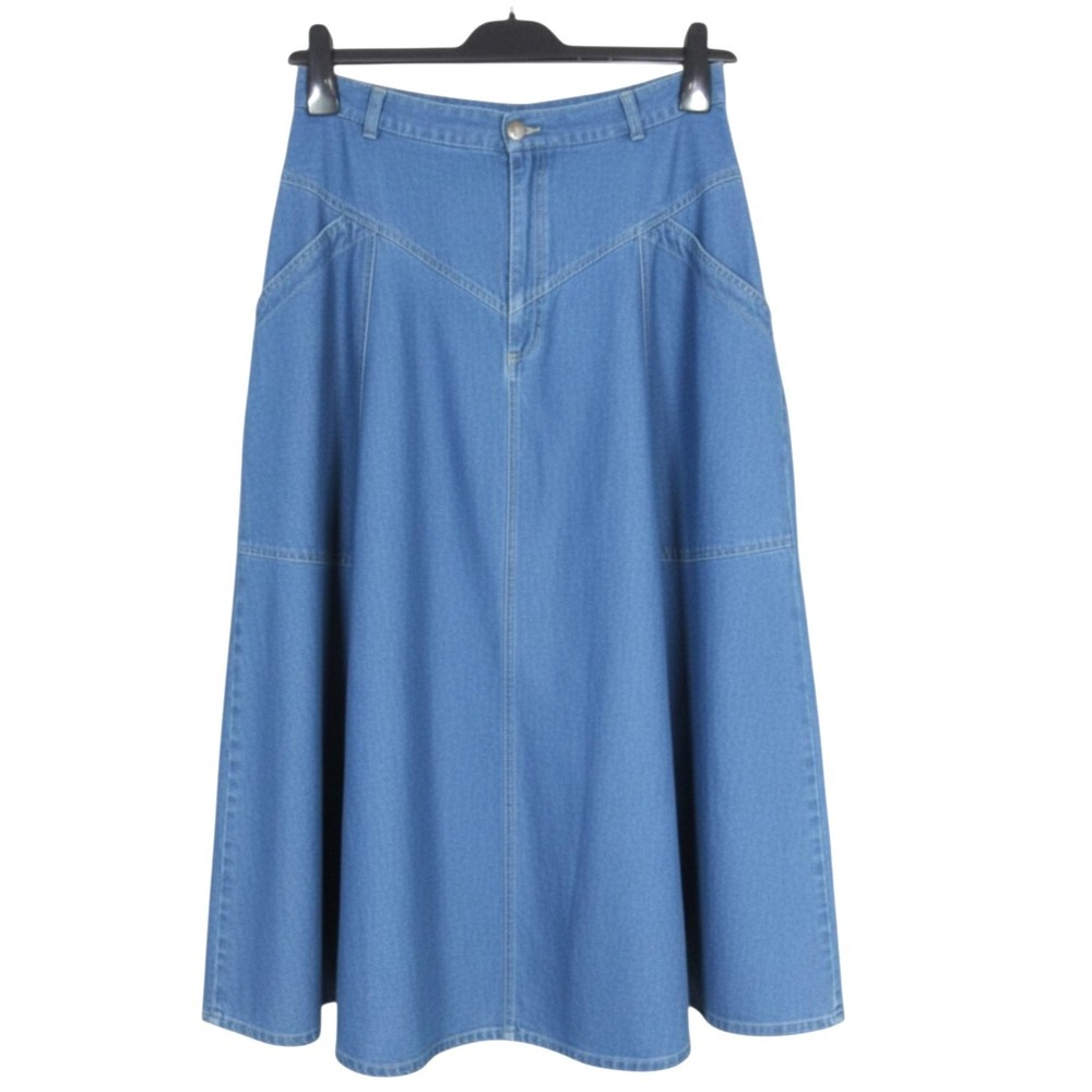 Vtg LIZWEAR Blue Denim PLEATED V-Yoke COTTAGECORE Flare A-Line Skirt (14) 27" M